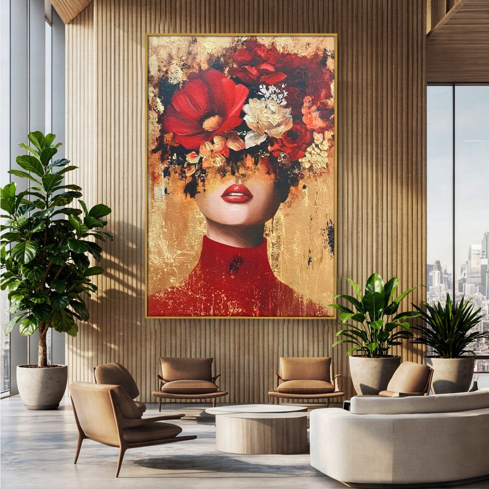 Tablou canvas cu tablou canvas cu portret de femeie si flori rosii, in rama de aluminiu auriu, pe perete intr-un birou
